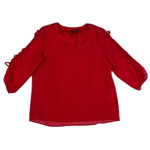 New Directions Red Slit Sleeve Blouse Size L Swiss Dots Polyester Chiffon Lined